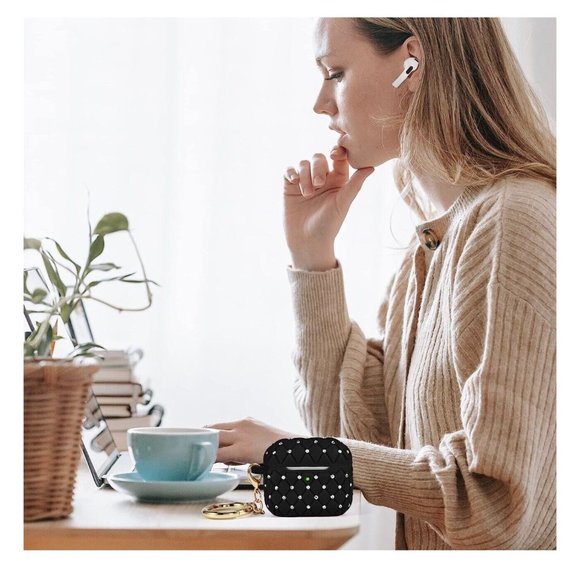 Apple Airpods 3rd Generation Rhinestone  Protective Case w/ Keychain Color Black - Picture 6 of 6